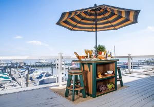 SummerSide Bar and Bar Stools on a boat dock with boats in the background