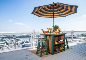 SummerSide Bar and Bar Stools on a boat dock with boats in the background