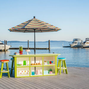 Lime Green on White 3ft x 8ft SummerSide Bar with 6 Bar Stools on a boat dock