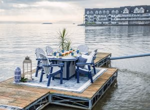 Patriot blue on Driftwood Gray SumerSide Ice Table with Great Bay dining chairs
