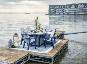 Patriot blue on Driftwood Gray SumerSide Ice Table with Great Bay dining chairs
