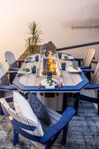 Patriot blue on Driftwood Gray SumerSide Fire Table with Great Bay dining chairs