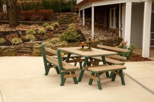 Two tone Poly garden dining furniture set with two backless benches and two benches with backs