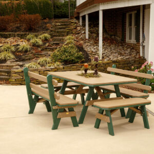 Two tone Poly garden dining furniture set with two backless benches and two benches with backs