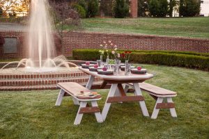 Rectangular Poly garden dining table with two backless benches
