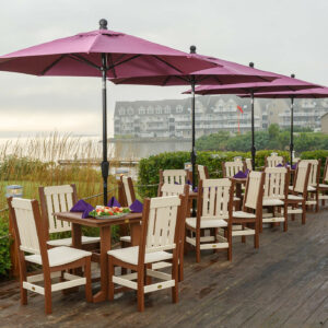 Walnut on Ivory poly colored Keystone chairs around Great Bay tables.