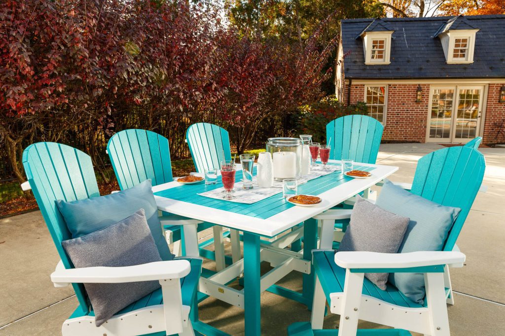 Bar Height Poly rectangular dining table with 6 bar height fan back dining chairs