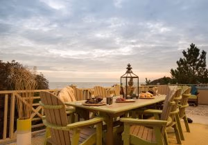 Bar Height Poly rectangular dining table with 6 bar height fan back dining chairs