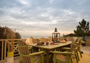 Bar Height Poly rectangular dining table with 6 bar height fan back dining chairs