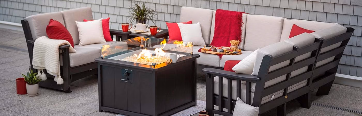 mission deep seating couch and love seat with firetable in center