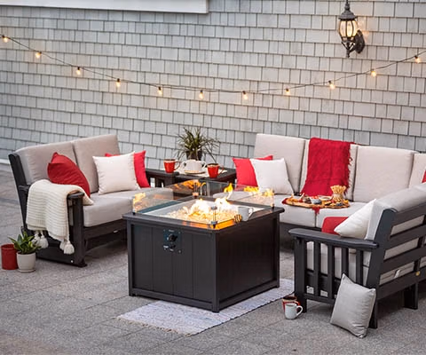Mision Deep Seating with Fire Table evening porch scene