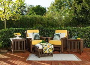 Two Mission Deep seating chairs with side tables and an ottoman