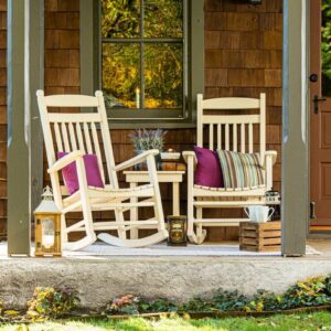 Two poly porch rockers on a porch with a Zinn's Mill Side Table
