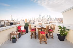 Bar Height Poly Fire Table with 6 Bar Height Swivel Chairs