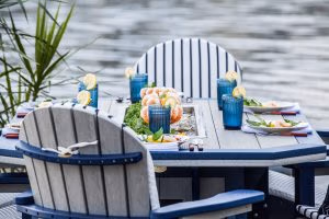 Patriot blue on Driftwood Gray SumerSide Ice Table with Great Bay dining chairs