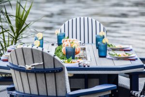 Patriot blue on Driftwood Gray SumerSide Ice Table with Great Bay dining chairs
