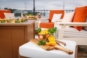 Sequoia colored SeaAira ice pit with refreshments on ice and Ivory colored Mission seating.