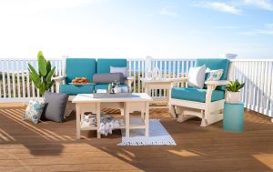 Van Buren Poly Furniture - White Glider with Blue cushions and Love Seat with Two Poly Side Tables