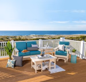 Van Buren Poly Furniture on patio overlooking the ocean.