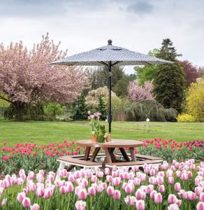 poly 48 inch round garden table with an umbrella and 40 inch curved garden benches in a tulip field
