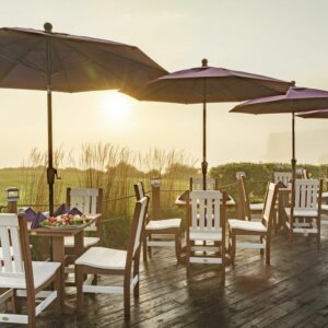 Burgundy outdoor umbrellas with poly furniture dining sets