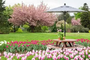 picnic table and umbrella in a garden of tulips