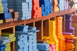 stacks of poly lumber in various colors