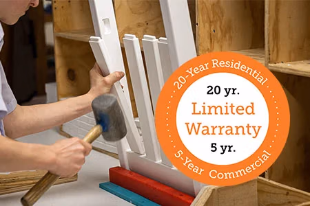 man assembling finch chair back. 20yr limited warranty logo in corner.