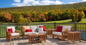 mission deep seating furniture on deck with fall trees in background