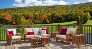 mission deep seating furniture on deck with fall trees in background