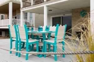 Wave poly furniture counter table and chair set in seashell and Turquoise two tone poly colors