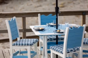 Finch Wave Square Dining Table set with cushion seat chairs in white and ocean blue poly lumber