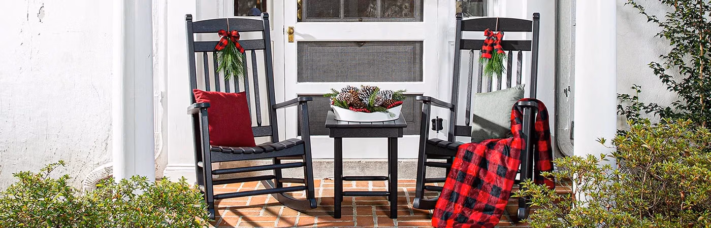 Zinn's Mill Rockers on Front porch with Christmas decor