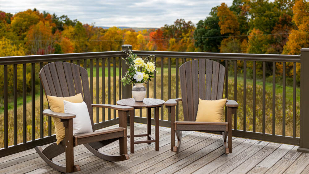 Two rockers sitting on a deck with autumn colors in the background.