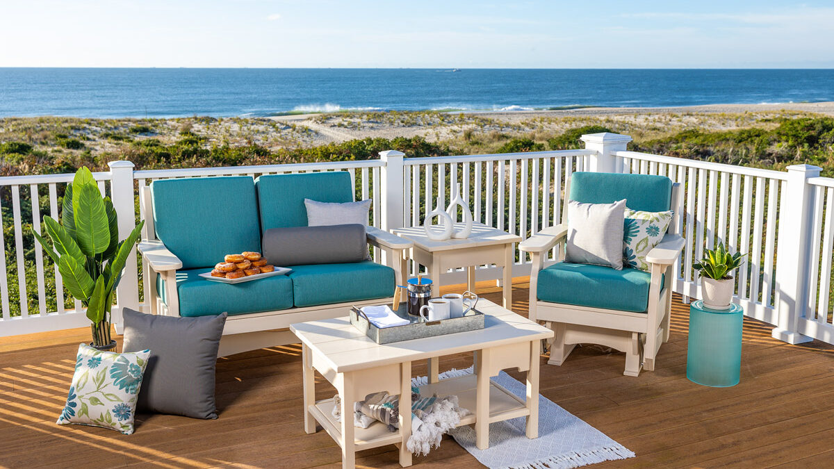 Van Buren Poly Furniture on patio overlooking the ocean.