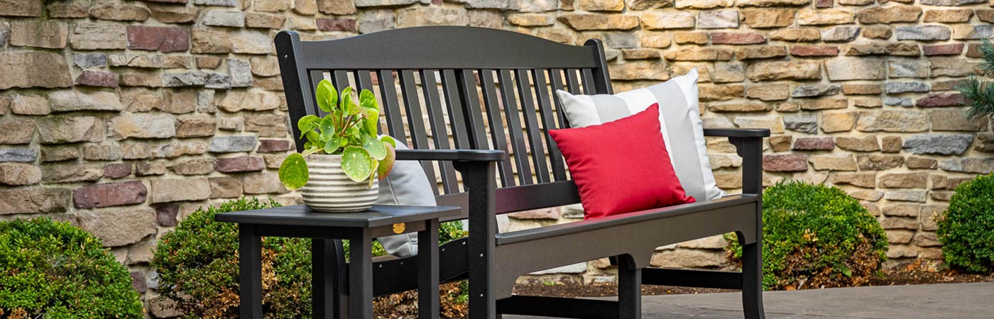 Avonlea Garden bench in backyard scene with flowers